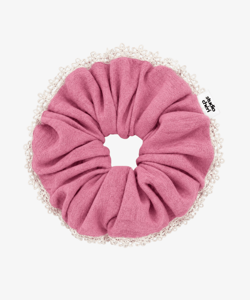 Peace - Scrunchie mit Spitzenrand - Rosa/Weiß - Studio Chéri